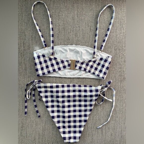 NEW Self-Portrait Navy Gingham Bikini Top & Bottom Removable Strap | US 2 UK 6 - Picture 7 of 12